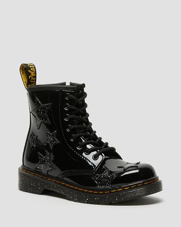 Botas con Cordones Dr Martens Junior 1460 Glitter Star Charol Niños Negros | MX 143MQZ